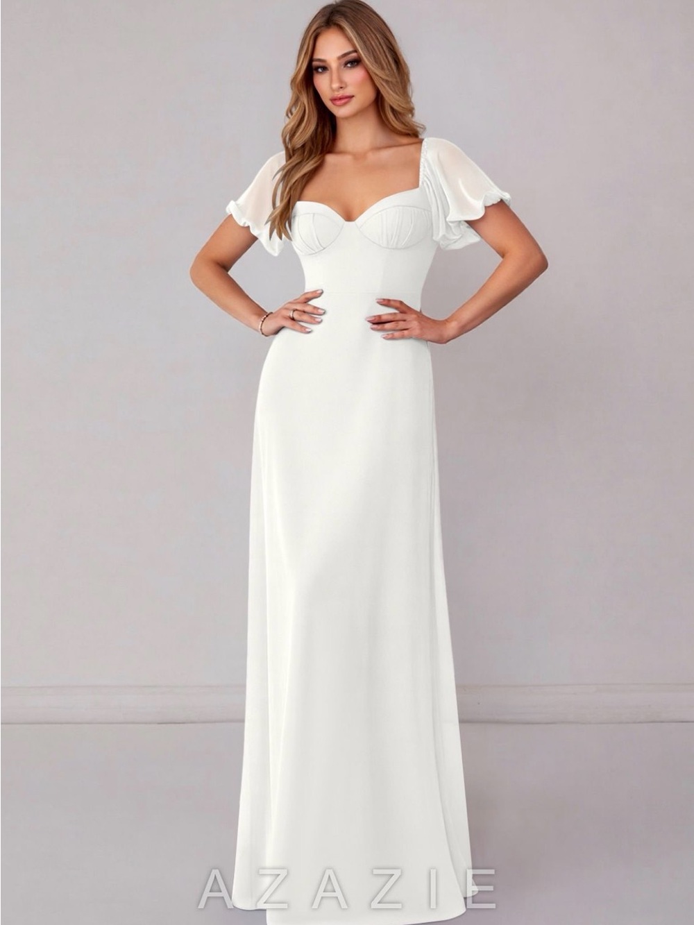 Azazie Fatima - White A-Line Chiffon Dress w/ Pockets
